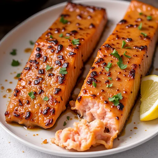 Cooked salmon fillet drizzled with honey garlic sauce, presented elegantly.