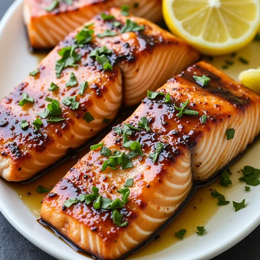 Detailed shot of honey garlic soy grilled salmon, highlighted by warm natural lighting and a blurred cozy background.