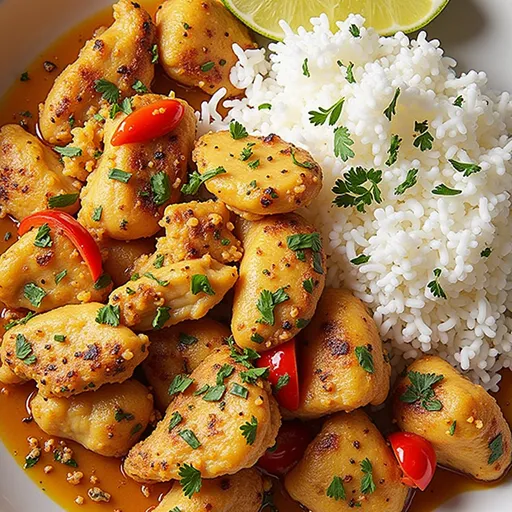 Detailed view of Brazilian Coconut Chicken, showcasing its creamy texture and colorful ingredients.