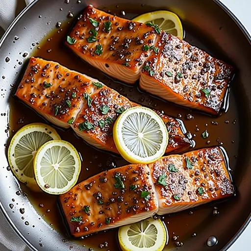 Succulent salmon fillets drizzled with honey garlic sauce, illuminated by natural light with a cozy ambiance.
