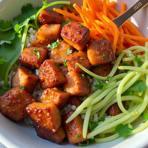 A beautifully arranged Honey Garlic Salmon Bowl with salmon, rice, and garnishes, set against a soft, blurred background.
