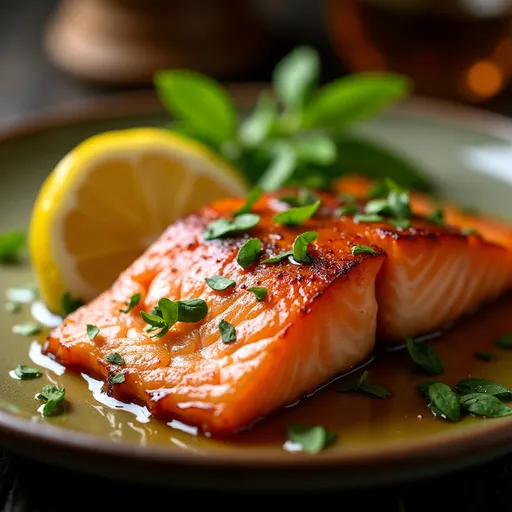 Appetizing salmon fillet, golden brown with a glaze, surrounded by fresh ingredients.