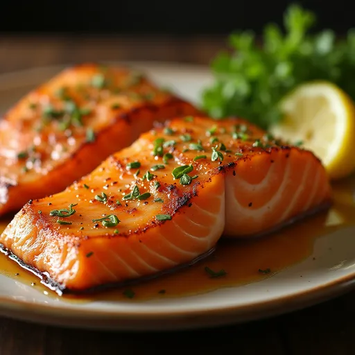 Eye-level view of Honey Garlic Salmon, highlighting its rich texture and golden honey glaze with soft natural lighting.