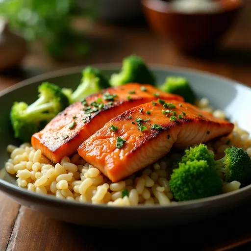 An appetizing Slow Cooker Honey Garlic Salmon Bowl showcasing salmon, steamed broccoli, and rice.