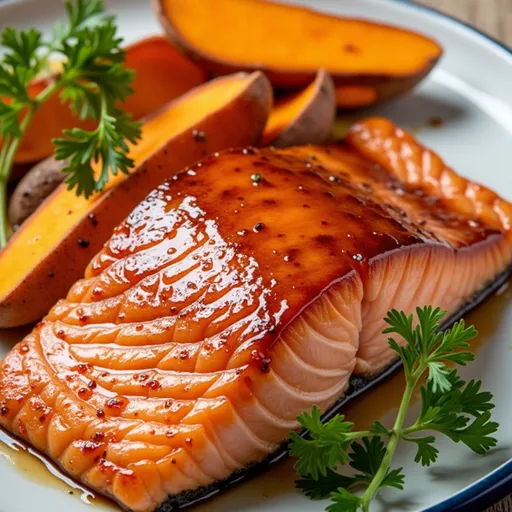 Eye-level shot of salmon drizzled with maple syrup, showcasing sweet potatoes and parsley.