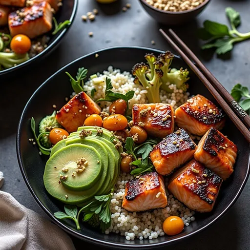 Detailed shot of a savory Honey Garlic Salmon Bowl showcasing a salmon fillet over rice with sliced avocado and garlic sauce.