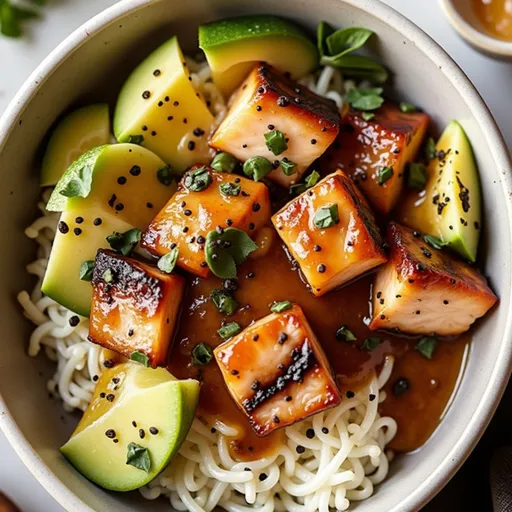 Eye-level shot of a vibrant Honey Glazed Salmon Bowl including salmon, rice, and mixed greens.