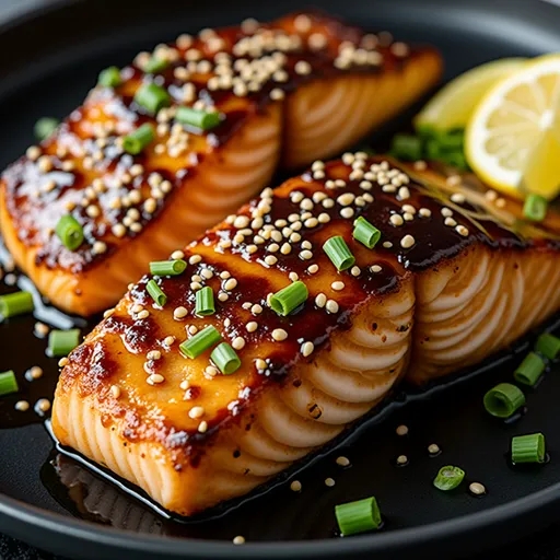 Engaging shot of honey garlic salmon in an air fryer, highlighting the caramelized glaze and fresh garnishes.