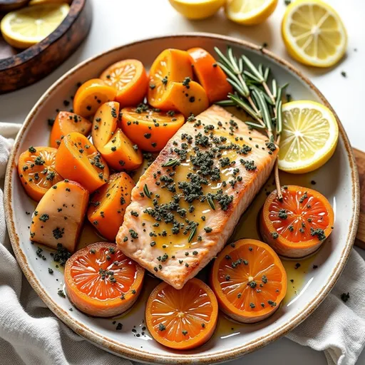 Close-up view of a beautifully cooked salmon dish featuring honey, rosemary, and lemon, set against a softly blurred background.