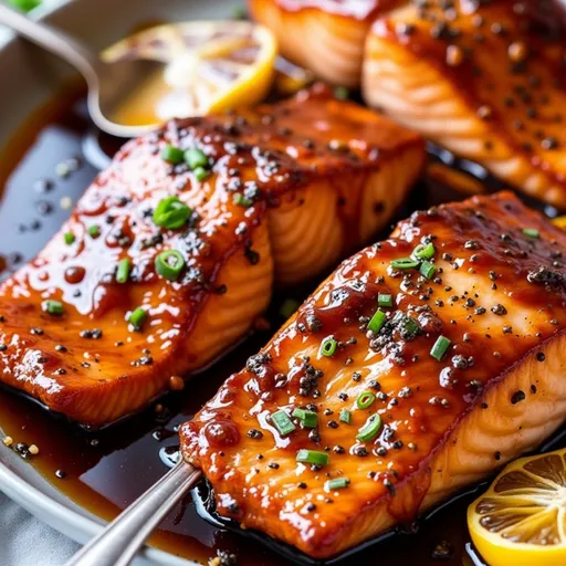 Eye-level shot of a perfectly cooked salmon fillet with a golden honey garlic glaze, featuring soft shadows.