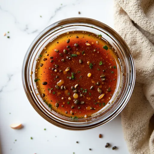 Eye-level shot of honey mustard salmon marinade highlighting the glossy finish and fresh ingredients.