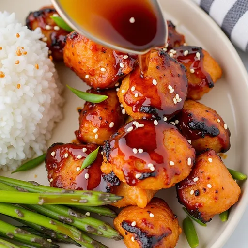 Eye-level view of golden-brown Air Fryer Salmon Bites with a shiny glaze, set against a soft-focus backdrop.