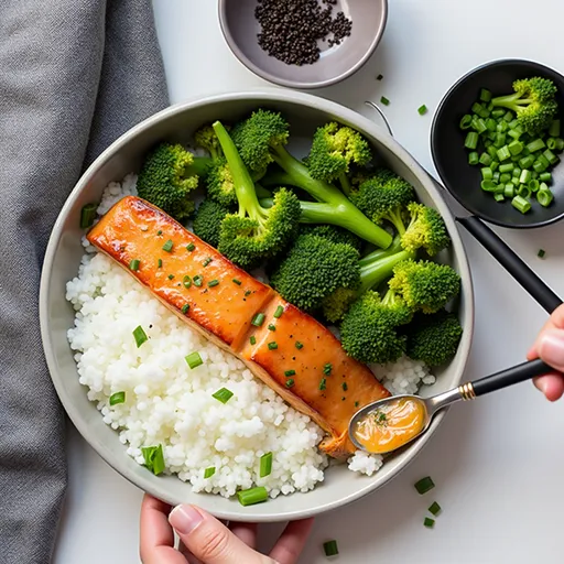 A deliciously cooked salmon fillet with a honey garlic sauce, displayed on a rustic wooden table with a blurred background.