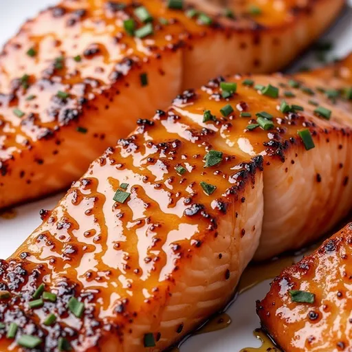 Mouthwatering honey garlic salmon with a shiny glaze, surrounded by fresh lemon and herbs.