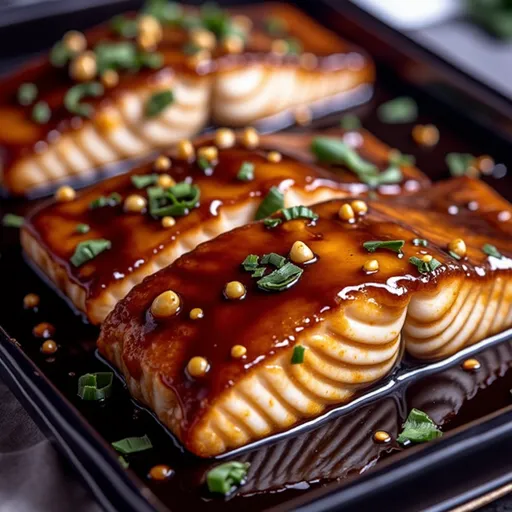 Eye-level shot of a beautifully plated honey garlic glazed salmon, showcasing its crispy texture.