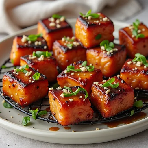 Appetizing shot of Air Fryer Honey Garlic Salmon Bites, highlighting the glistening sauce and fresh garnishes.