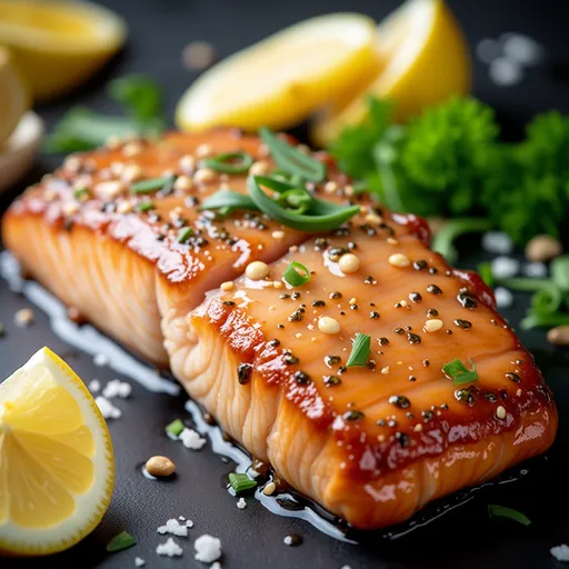 Detailed view of glazed salmon highlighting texture and flavor against a blurred background.