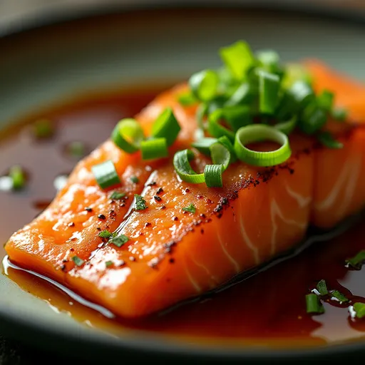 Appetizing honey garlic salmon fillets, highlighted by natural light and surrounded by a blurred cozy setting.