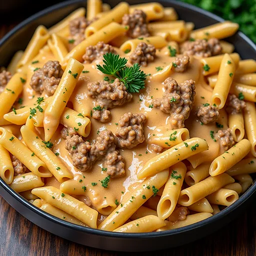 Eye-level image of delicious creamy beef pasta, featuring soft shadows and vibrant colors.