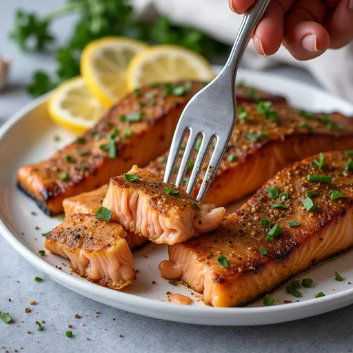 Beautifully cooked salmon with honey glaze, minced garlic, and soft side lighting.