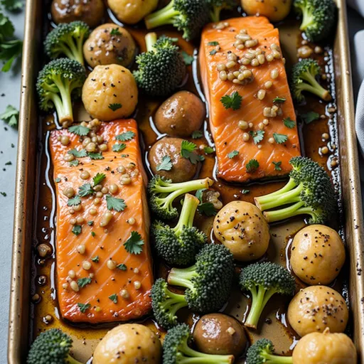 Colorful plate featuring honey garlic salmon alongside golden potatoes and vibrant broccoli.