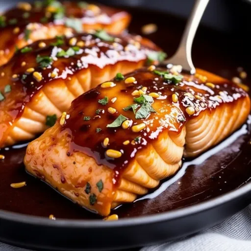 Detailed shot of Honey Garlic Soy Glazed Salmon, showing texture and garnishes in warm, natural light.
