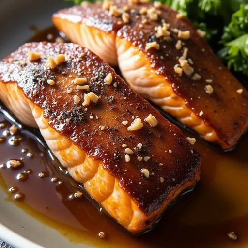 Freshly cooked salmon fillet drizzled with honey garlic sauce and surrounded by soft shadows.