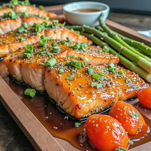 A detailed view of salmon fillets glistening with honey garlic sauce, adorned with fresh green onions and lemon slices.