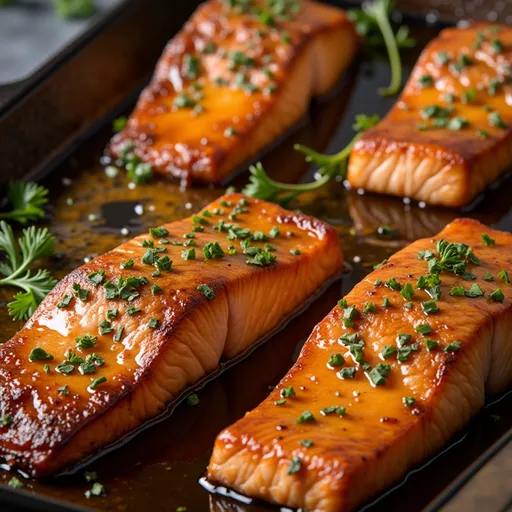 Gourmet presentation of honey garlic butter salmon, featuring lemon wedges and a blurred cozy background.