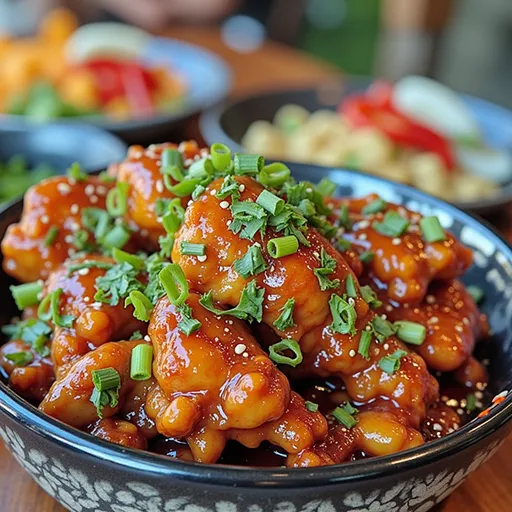 A bowl of Thai Sweet Chili Chicken under warm, natural lighting, highlighting its texture.