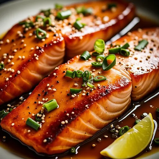 Mouthwatering salmon dinner, showcasing a shiny glaze and side of rice, with a cozy blurred background.