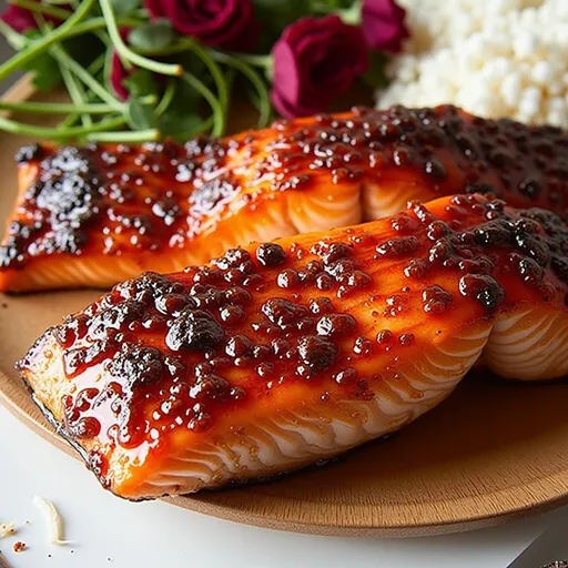 Cooked salmon topped with garlic sauce, served with lemon slices and parsley on a rustic background.