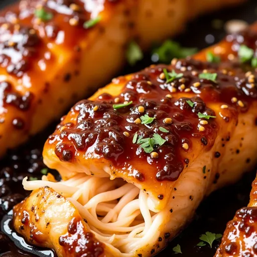 Appetizing salmon fillets glazed with honey and garlic, highlighted by soft natural light.