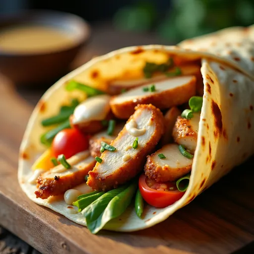 A delicious Chicken Shawarma Wrap positioned on a plate, filled with colorful ingredients and illuminated by warm natural light.