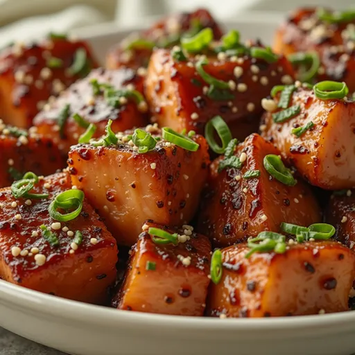Eye-level shot of a delicious Honey Garlic Salmon Bites Bowl, showcasing tender salmon, steamed broccoli, and grains.