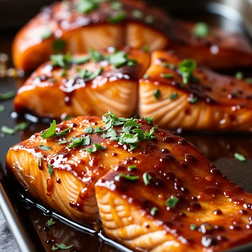 Delicious salmon fillet glistening with a honey garlic glaze, highlighted in warm natural light against a blurred background.