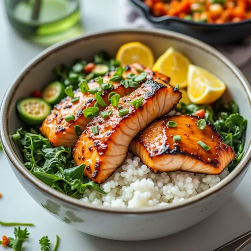 Delicious salmon bowl with brown rice, broccoli, carrots, and sesame seeds, captured in soft, warm lighting.