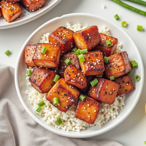 A serving of salmon bites with a honey garlic sauce, presented on a blurred cozy background.
