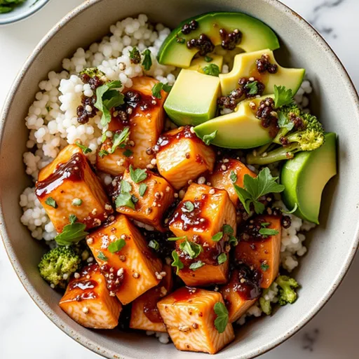 Eye-level view of a colorful salmon bowl with honey glaze, rice, and fresh toppings.
