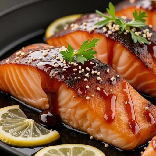 Eye-level shot of Honey Garlic Salmon garnished with chopped green onions and soft shadows.