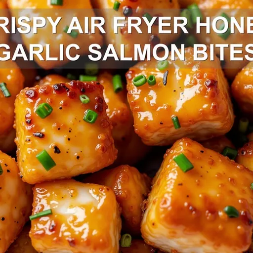 Crispy salmon bites glistening with honey garlic sauce, featuring a blurred cozy background.