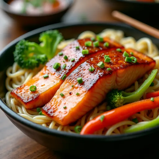 Delicious Honey Garlic Salmon Soba Noodle Bowls featuring salmon fillets and colorful veggies.