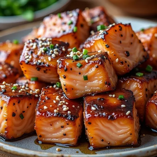 Detailed shot of delectable salmon bites with honey and garlic glaze, enhanced by warm natural light.