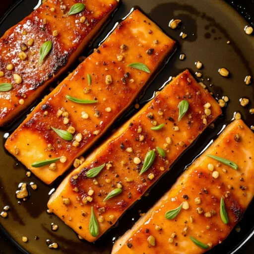 Artistic image of salmon covered in a honey garlic mixture, softly lit.
