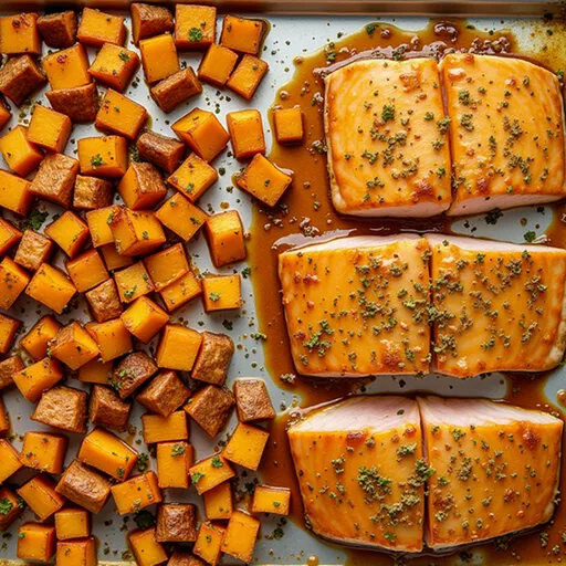 Eye-level shot of a dish featuring Honey Mustard Salmon and vibrant sweet potatoes.