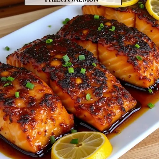 Captivating view of honey garlic salmon drizzled with sauce, with a side of lemon wedges and green onions.