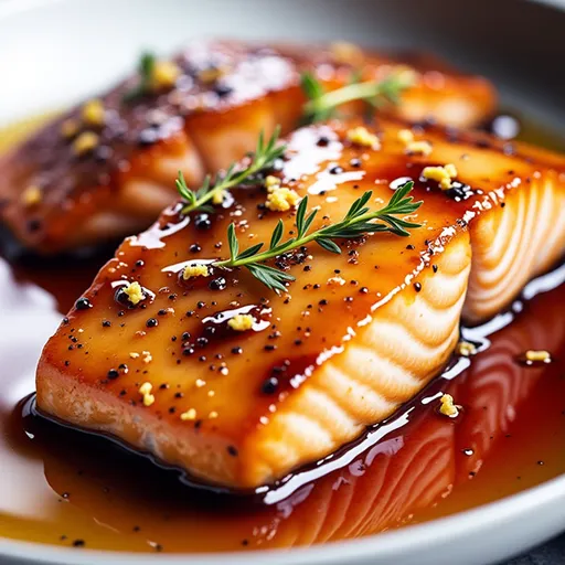 Detailed shot of a juicy honey glazed salmon with warm lighting and blurred background.