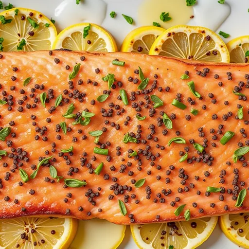 Appetizing salmon fillets garnished with parsley and lemon, beautifully plated.