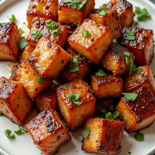 Appetizing honey garlic salmon pieces, beautifully lit with soft shadows.