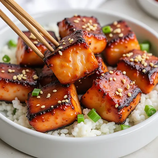 A dish of honey garlic salmon bites, showcasing a shiny glaze and fresh green onion garnish.